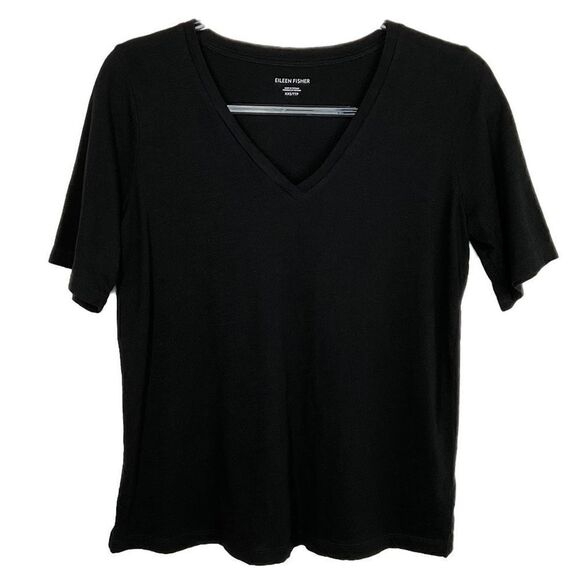 Eileen Fisher Black Burnout V-Neck Organic Cotton Short Sleeve T-Shirt XXS - Picture 1 of 5